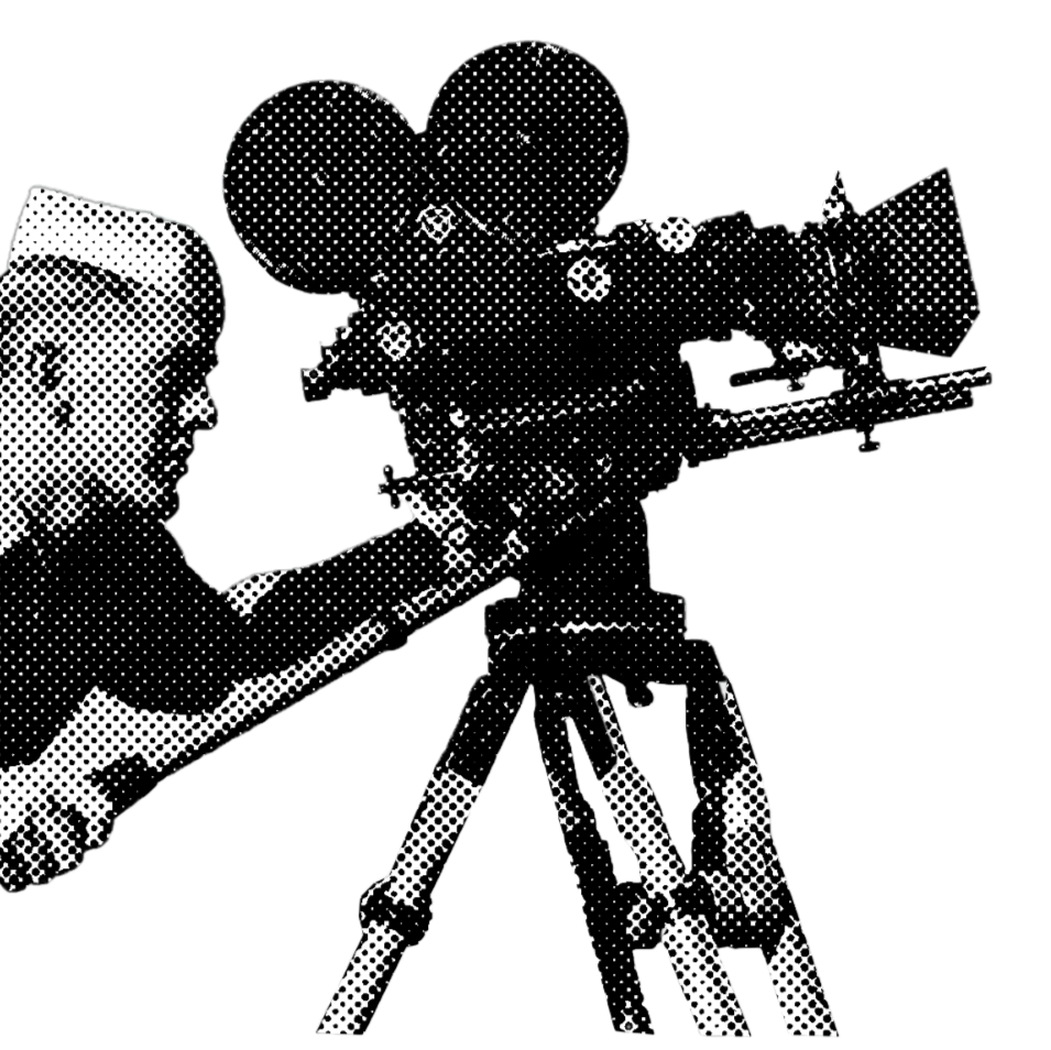 Vintage-style illustration of a person operating a large camera on a tripod.